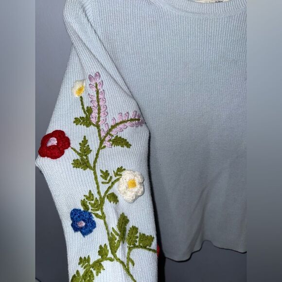 Rosie Neira Anthropologie blue floral Embroidered Sleeve knit sweater Size Small - Picture 4 of 9